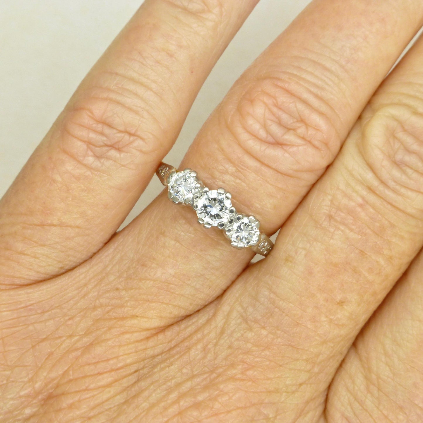 Vintage 18ct natural diamond three stone trilogy ring 0.75ct ~ Millennium Hallmark