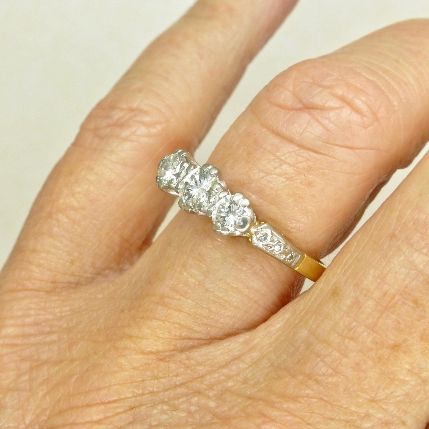 Vintage 18ct natural diamond three stone trilogy ring 0.75ct ~ Millennium Hallmark
