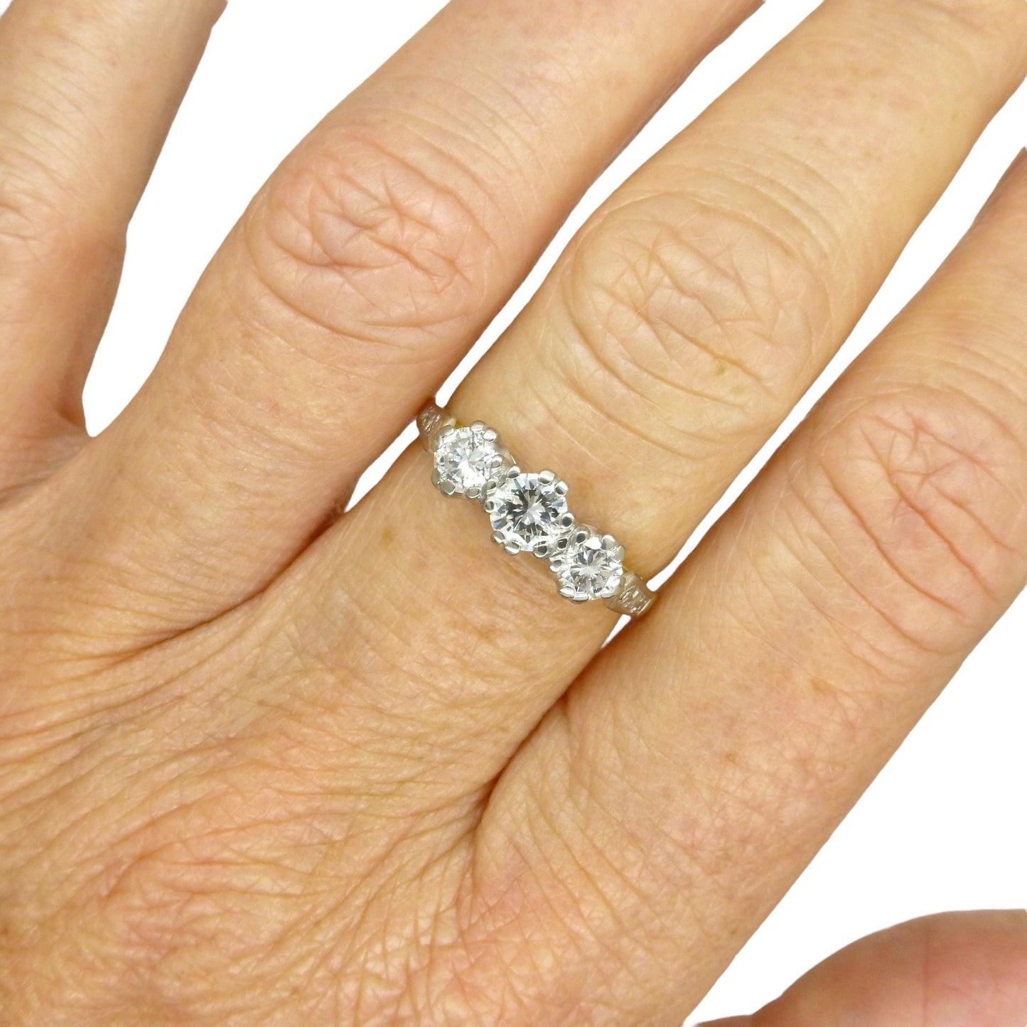 Vintage 18ct natural diamond three stone trilogy ring 0.75ct ~ Millennium Hallmark