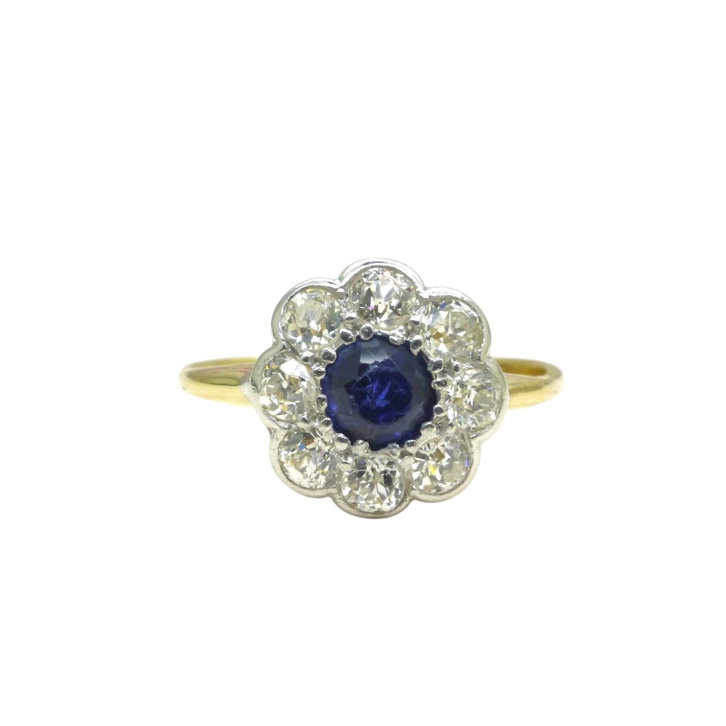 Antique 18ct sapphire & old cut diamond daisy cluster ring 1910's