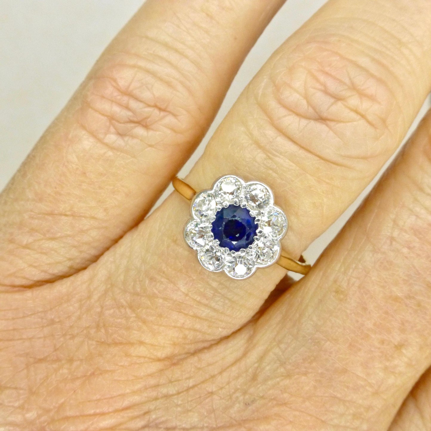Antique 18ct sapphire & old cut diamond daisy cluster ring 1910's