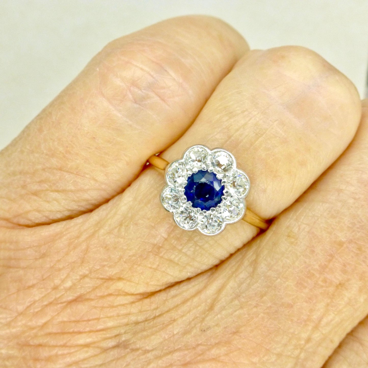 Antique 18ct sapphire & old cut diamond daisy cluster ring 1910's