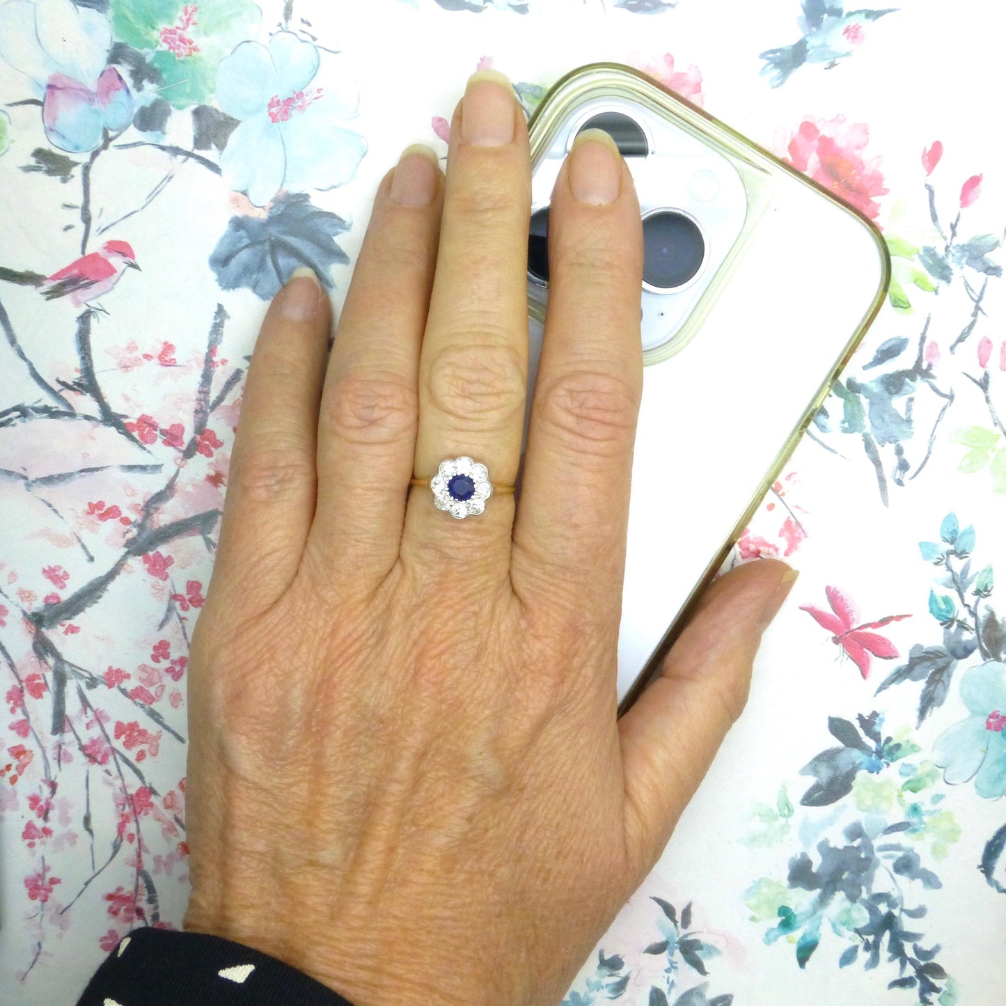 Antique 18ct sapphire & old cut diamond daisy cluster ring 1910's