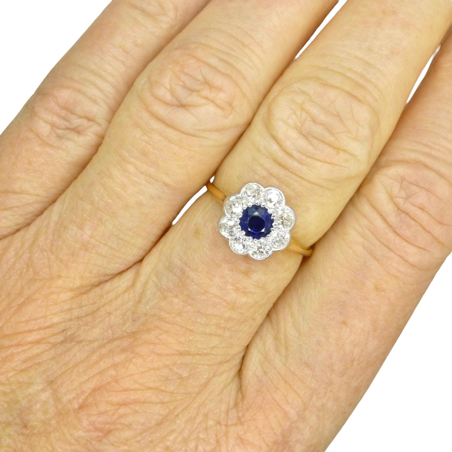Antique 18ct sapphire & old cut diamond daisy cluster ring 1910's
