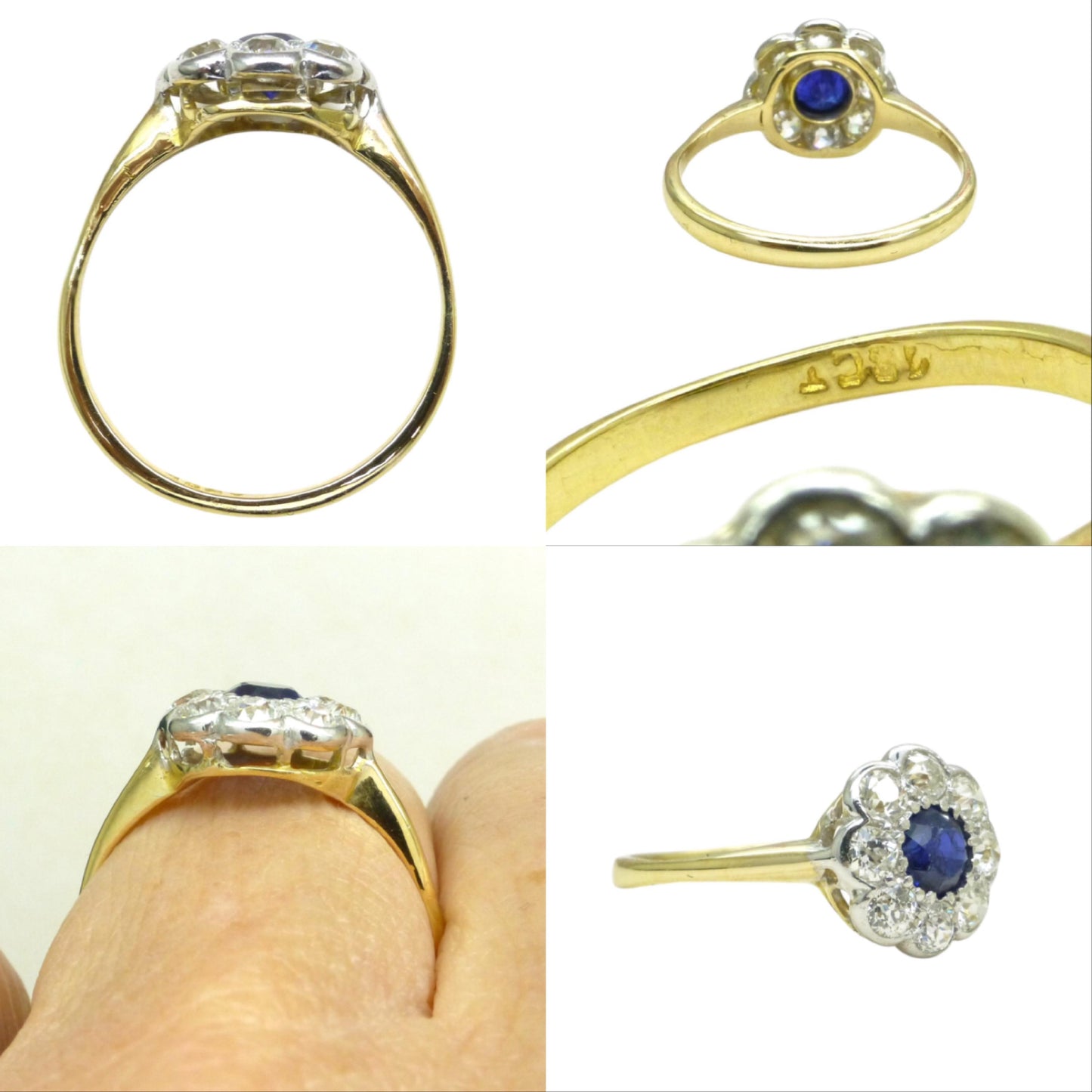Antique 18ct sapphire & old cut diamond daisy cluster ring 1910's