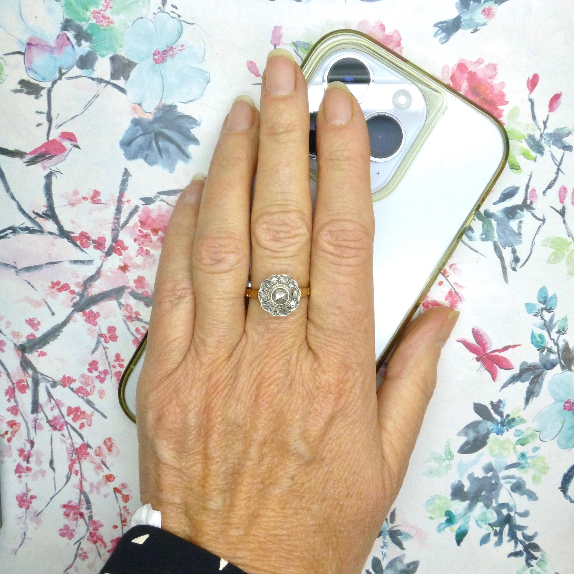 Antique Gold and old Rose cut diamond halo cluster ring