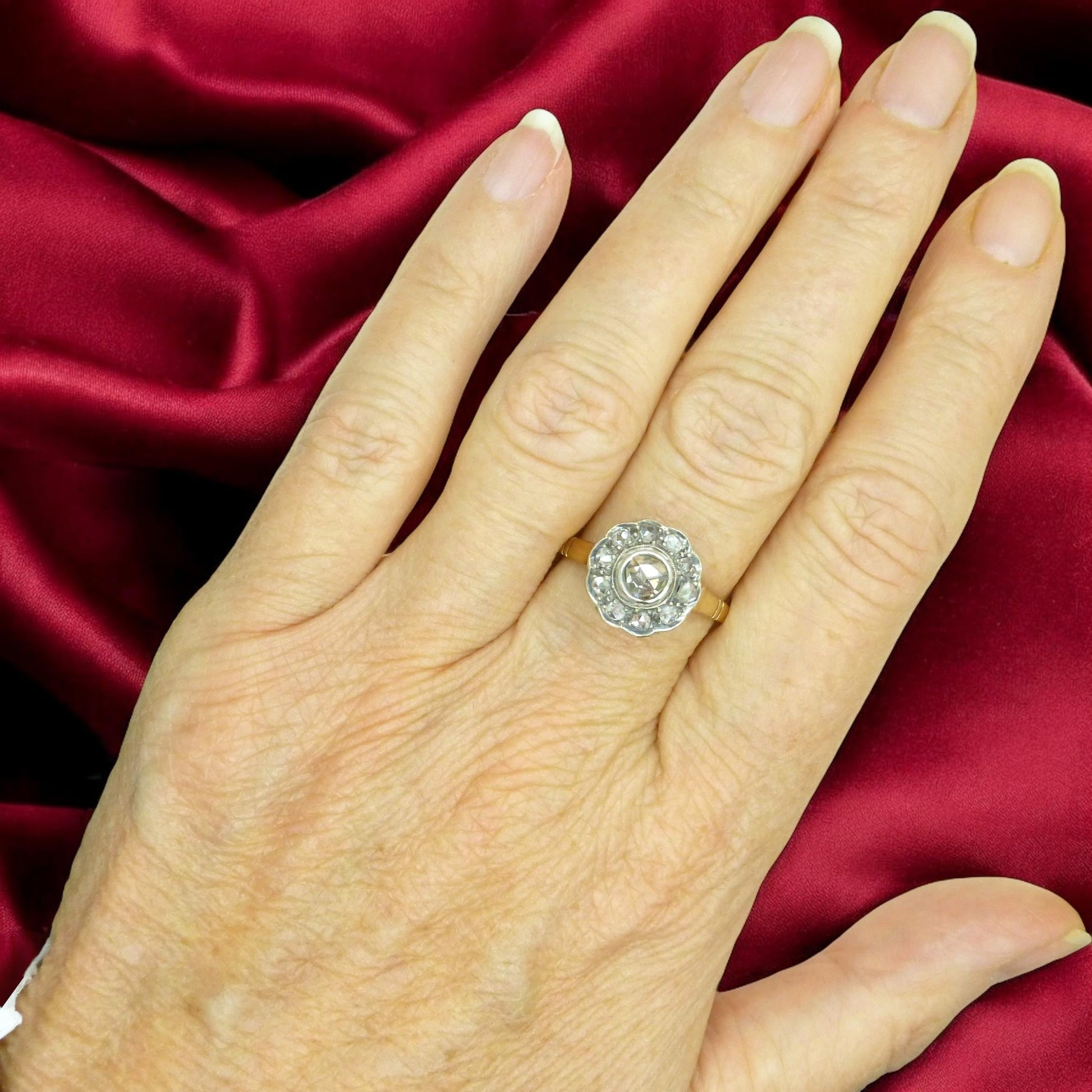 Antique Gold and old Rose cut diamond halo cluster ring