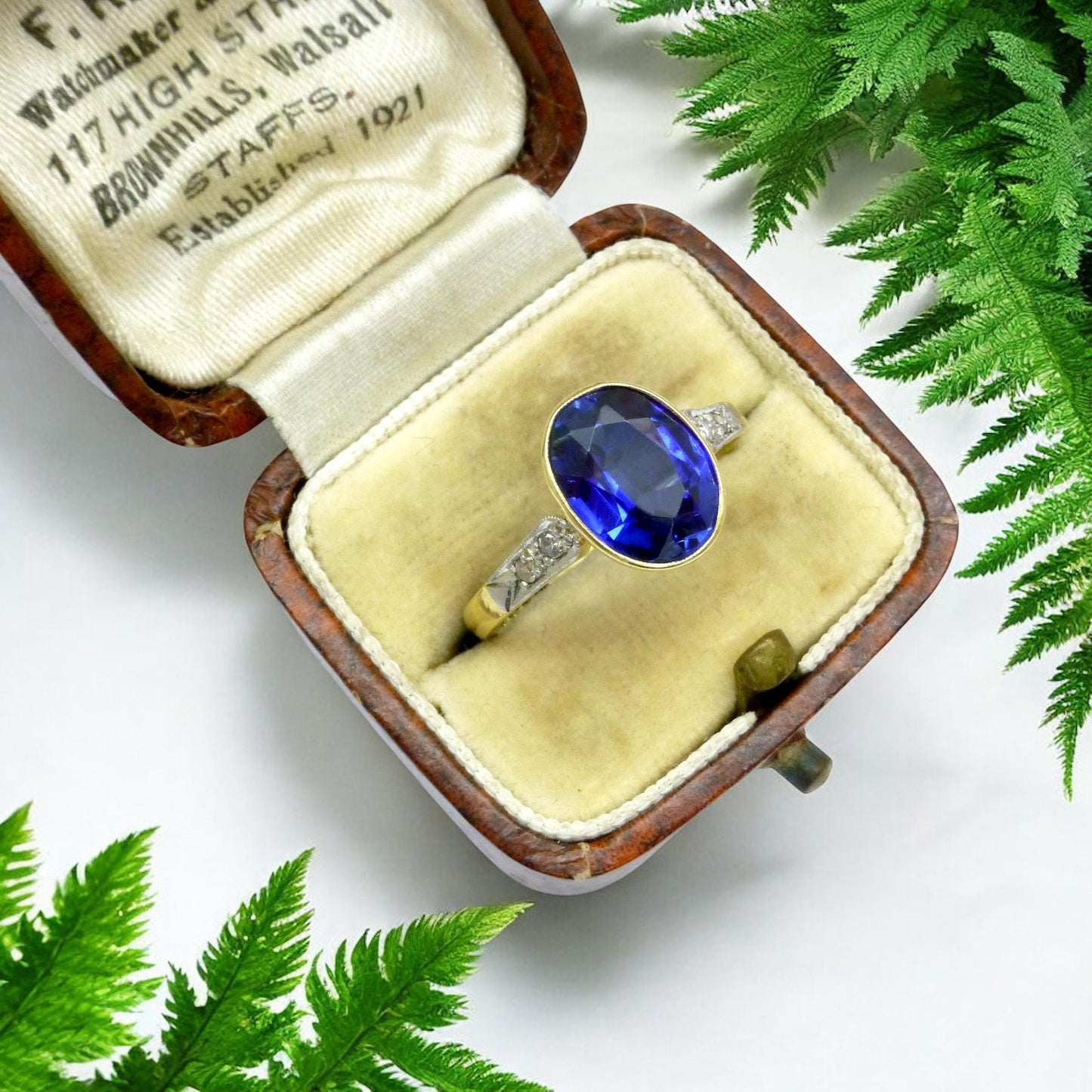 Antique 18ct & Platinum synthetic oval sapphire and diamond solitaire ring c1920's