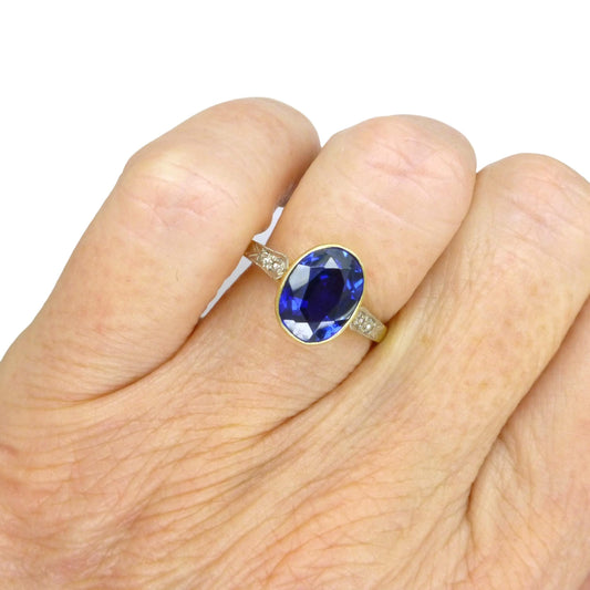 Antique 18ct & Platinum synthetic oval sapphire and diamond solitaire ring c1920's