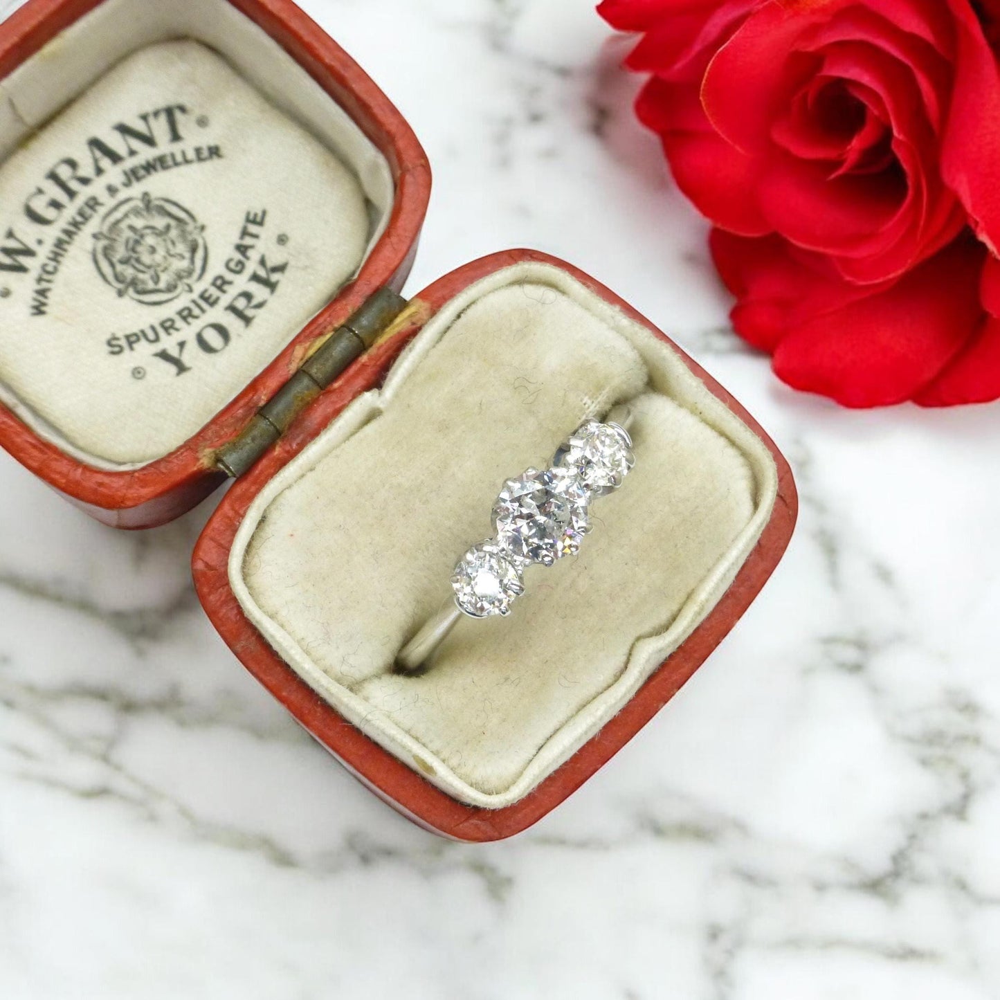 Antique Platinum & 18ct white gold natural diamond three stone trilogy ring 0.60ct c1920's