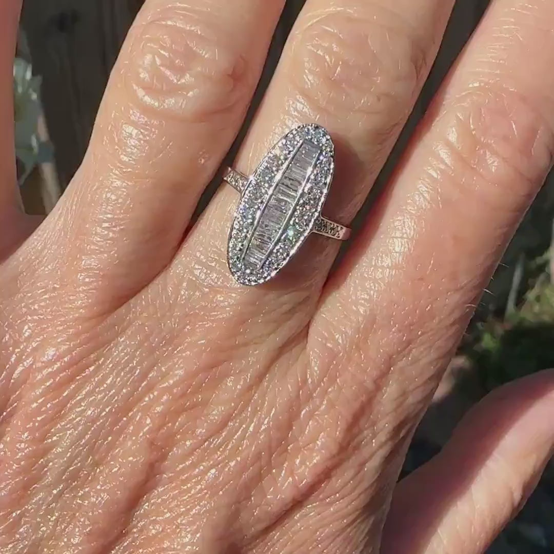 Vintage 18ct white gold Diamond cluster panel ring 1.00ct ~ Marquise plaque ring