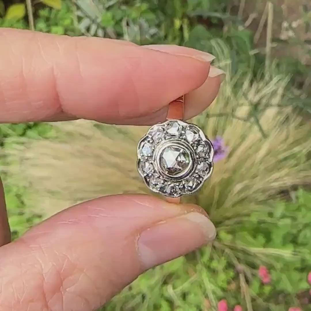 Antique Gold and old Rose cut diamond halo cluster ring