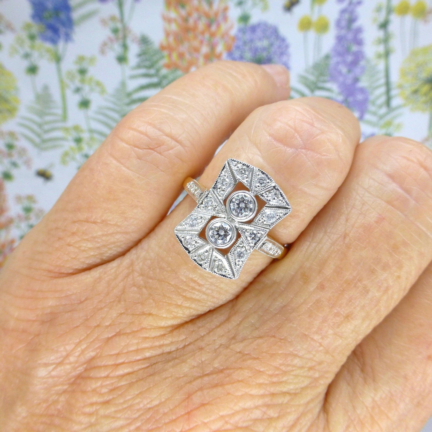 Vintage 18ct Art Deco style Diamond cluster panel ring