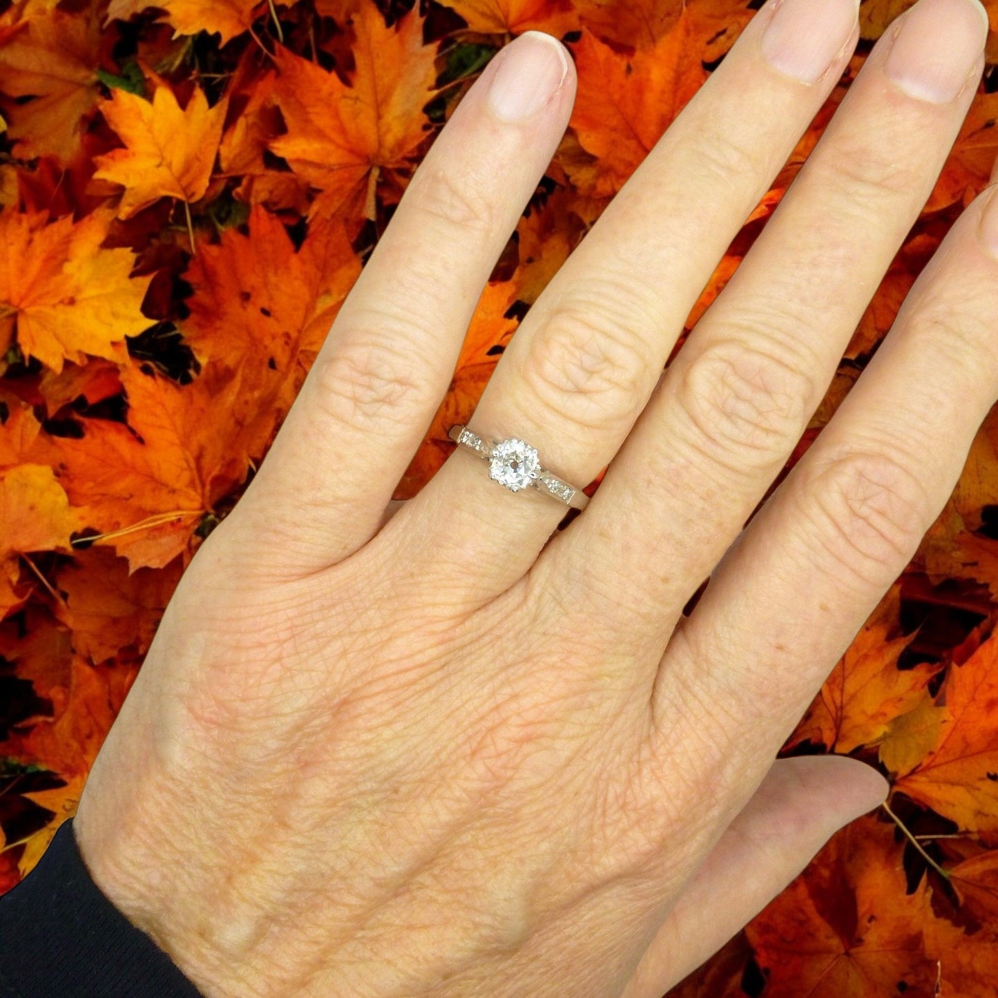 Vintage 18ct white gold old cushion cut diamond solitaire ring