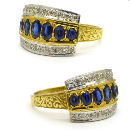 Vintage 18ct gold oval sapphire and diamond  triple band ring 1970's