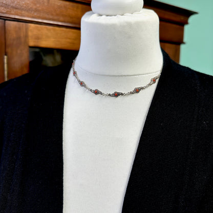 Antique Art Deco silver marcasite and coral necklace c1920's