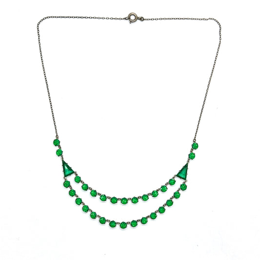 Art Deco green glass two row rivière necklace c1920's