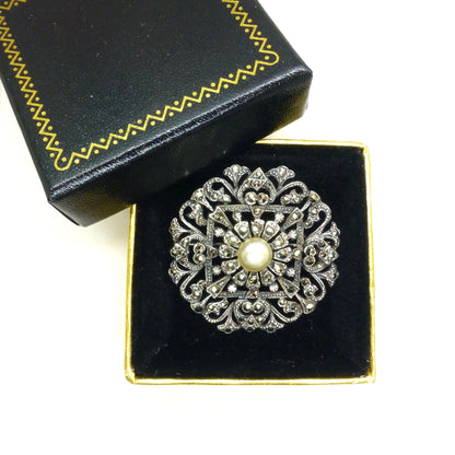 Vintage silver macasite & faux pearl brooch c1930's