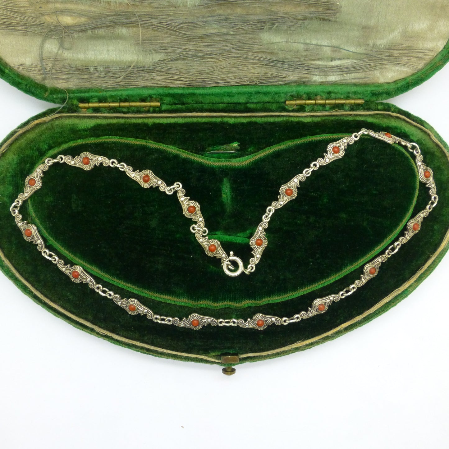Antique Art Deco silver marcasite and coral necklace c1920's