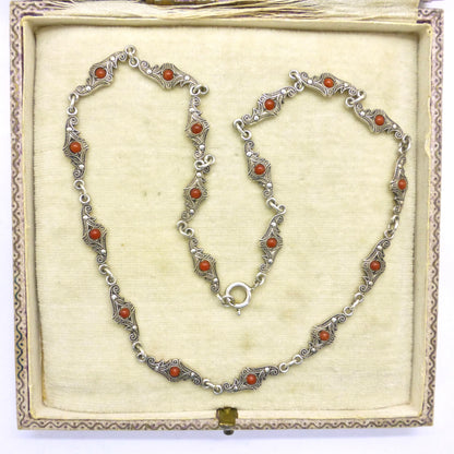 Antique Art Deco silver marcasite and coral necklace c1920's