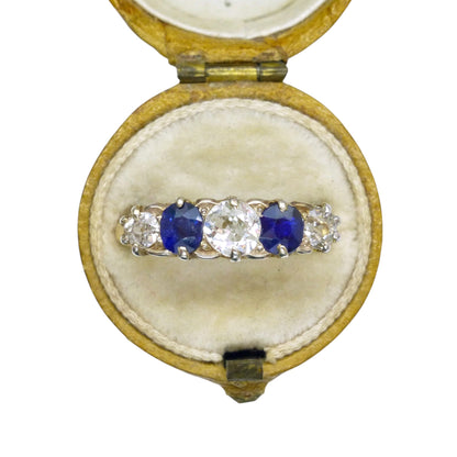 Antique sapphire and diamond five stone ring in an antique ring box