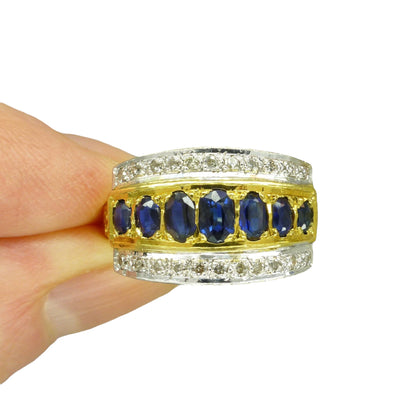 Vintage 18ct gold oval sapphire and diamond  triple band ring 1970's