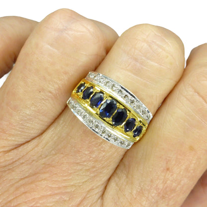 Vintage 18ct gold oval sapphire and diamond  triple band ring 1970's