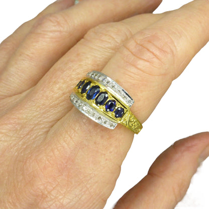 Vintage 18ct gold oval sapphire and diamond  triple band ring 1970's