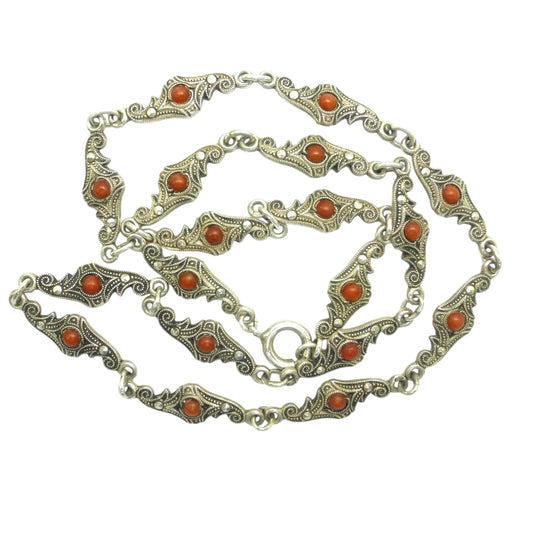 Antique Art Deco silver marcasite and coral necklace c1920's