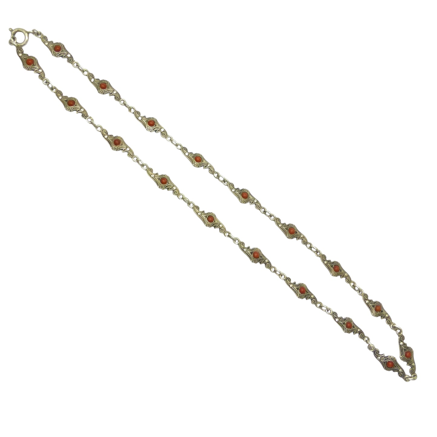 Antique Art Deco silver marcasite and coral necklace c1920's