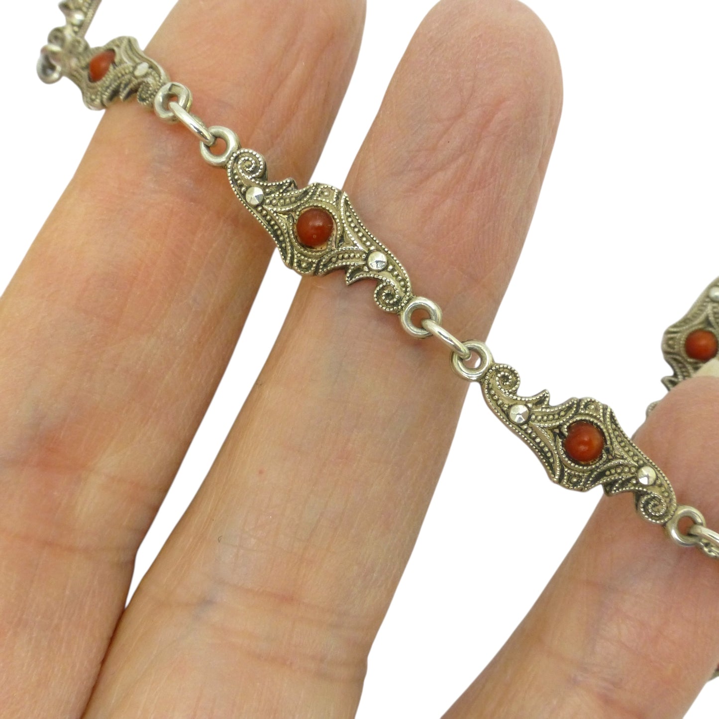 Antique Art Deco silver marcasite and coral necklace c1920's