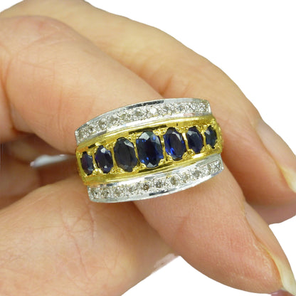 Vintage 18ct gold oval sapphire and diamond  triple band ring 1970's