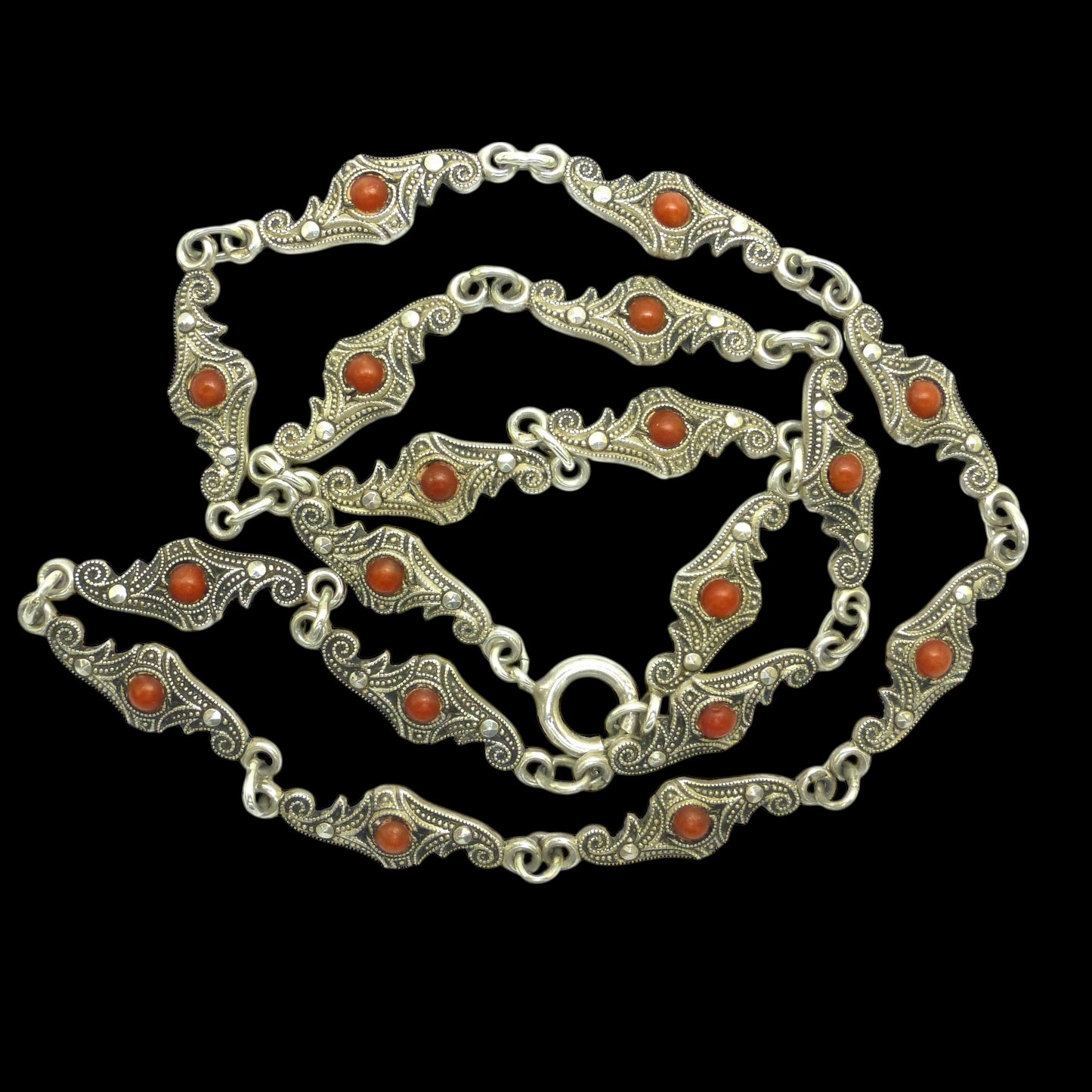 Antique Art Deco silver marcasite and coral necklace c1920's