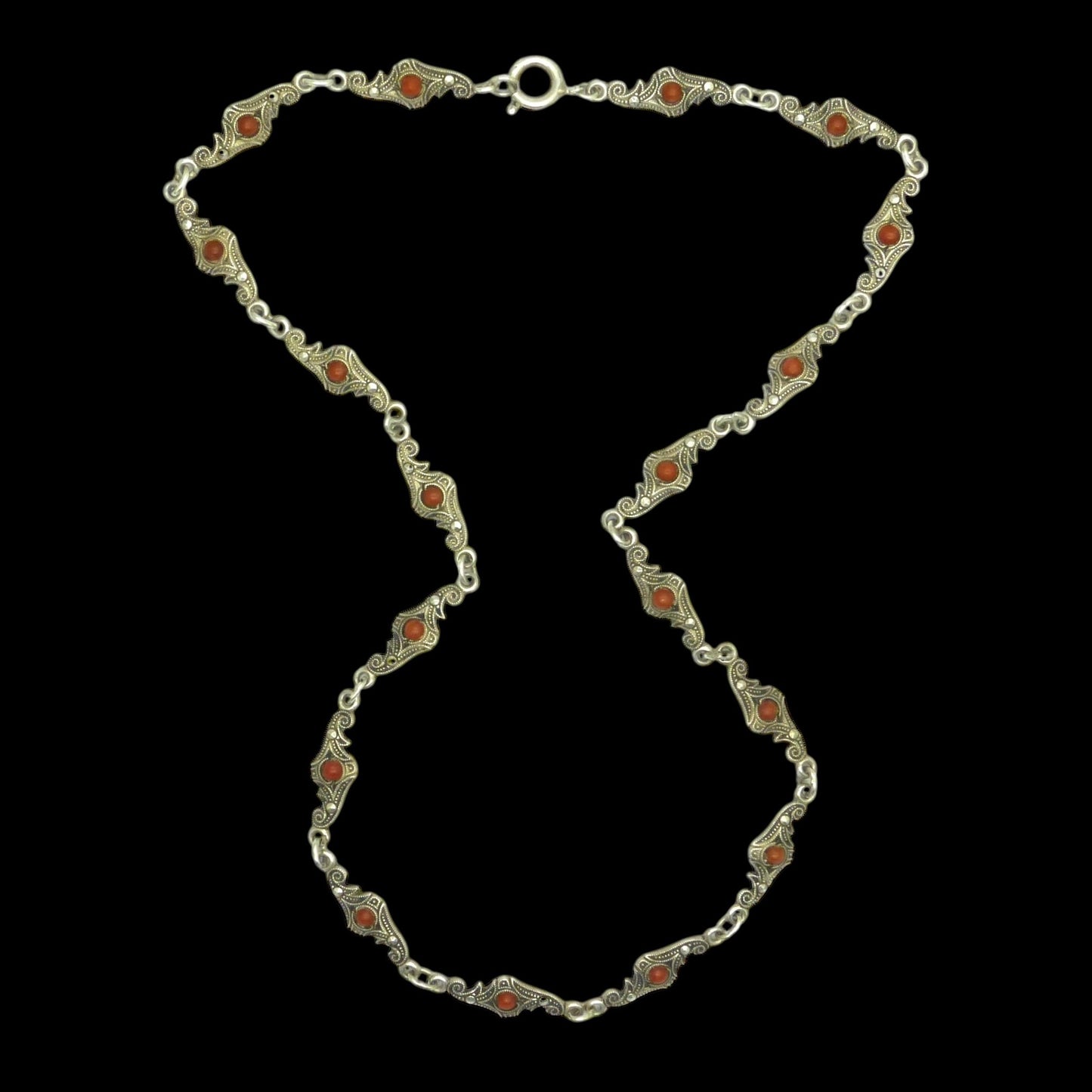 Antique Art Deco silver marcasite and coral necklace c1920's