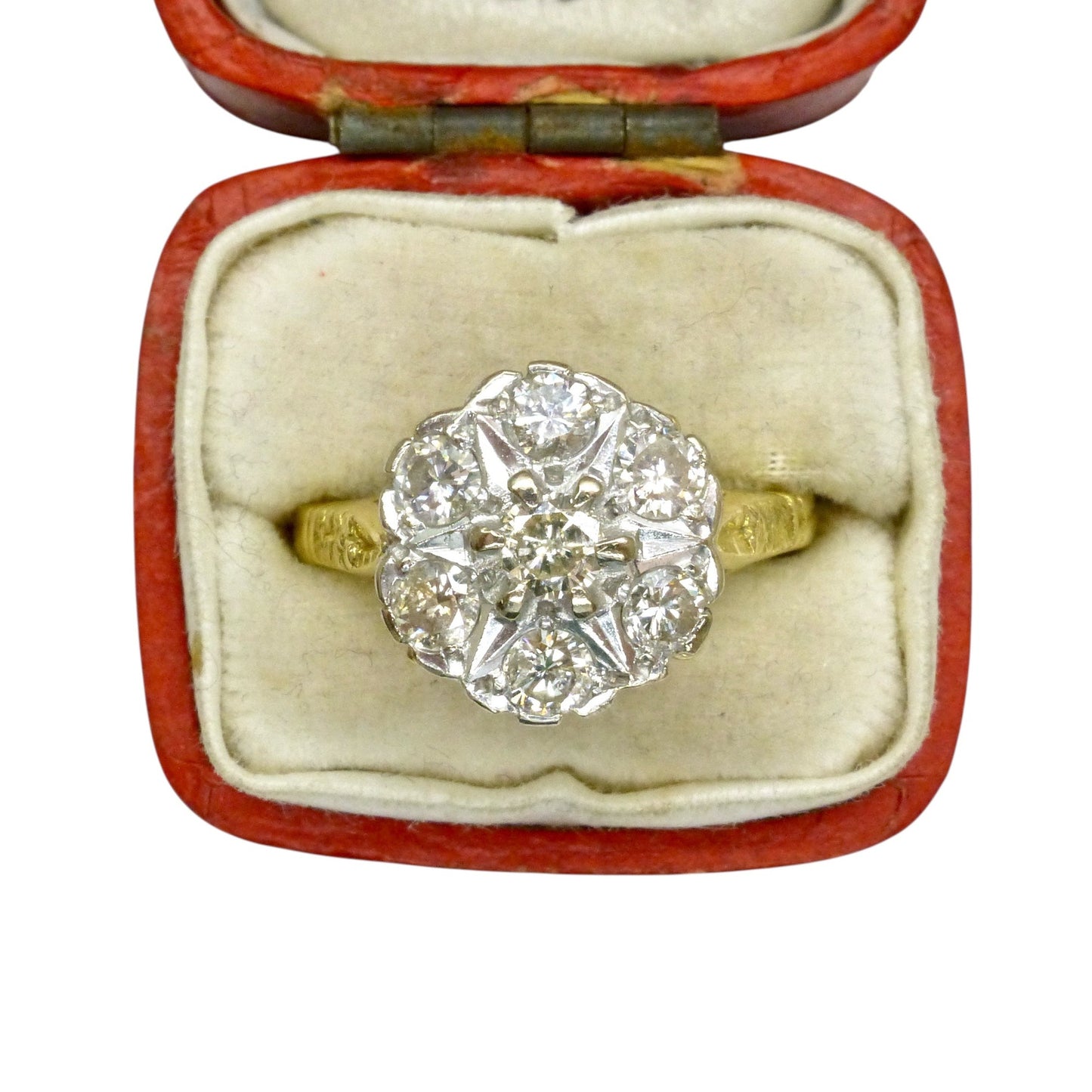Vintage Diamond cluster ring in a red jewellery box 