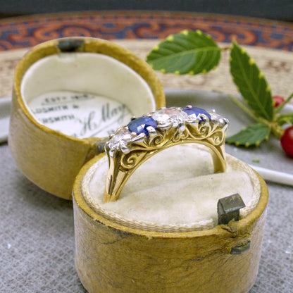 Antique 18ct gold old cut Diamond & Sapphire five stone ring c1900's