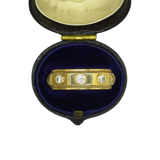 Vintage 9ct yellow gold three diamond wedding band ~ English heavy gold ring 5.3 grams