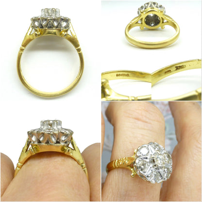 Vintage 18ct Diamond halo cluster ring ~ Unique engagement
