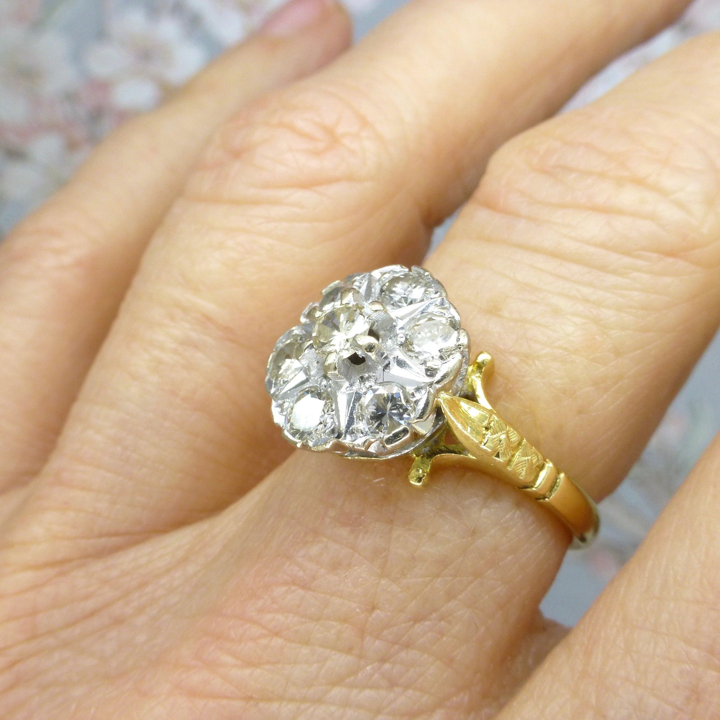 Vintage 18ct Diamond halo cluster ring ~ Unique engagement