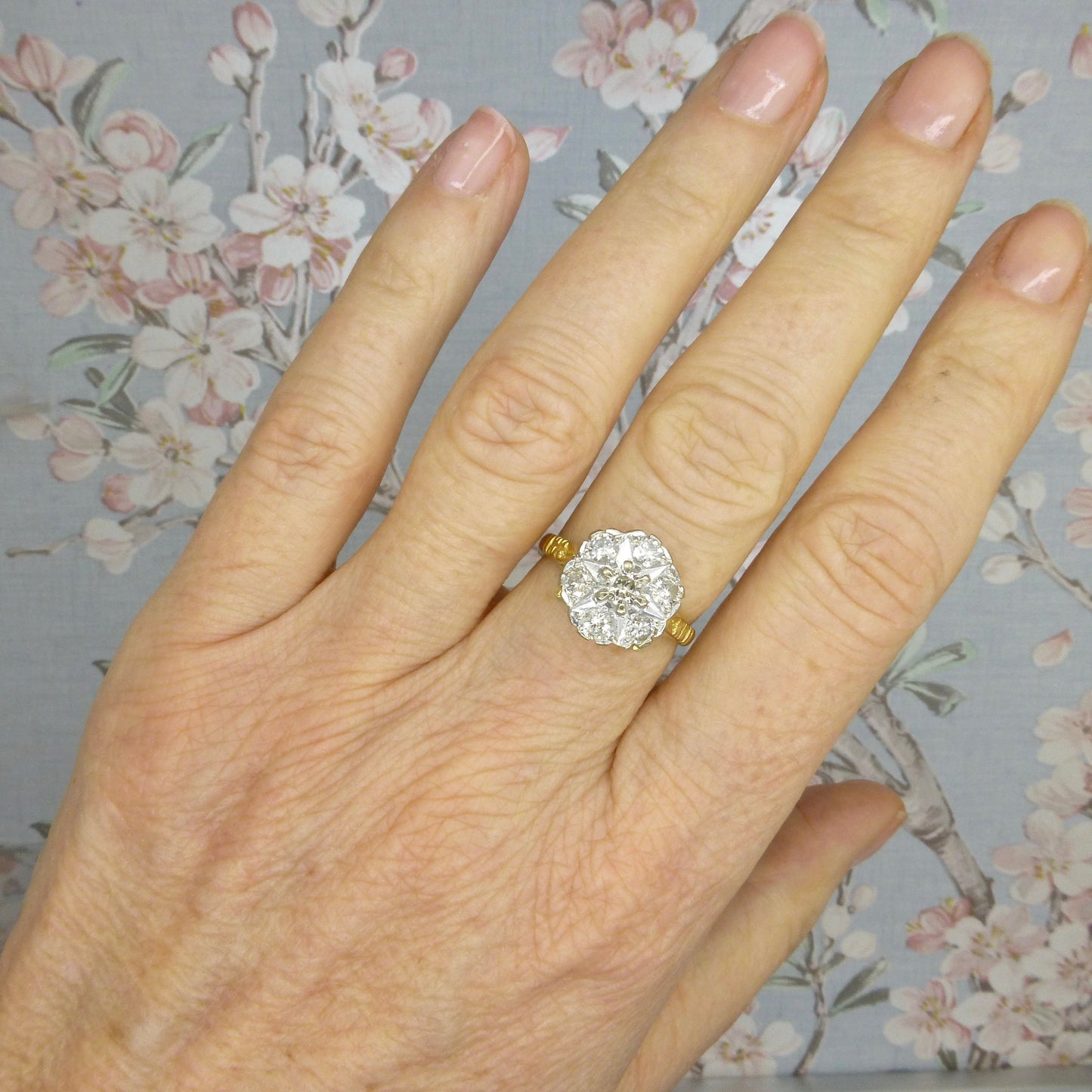 Vintage 18ct Diamond halo cluster ring ~ Unique engagement