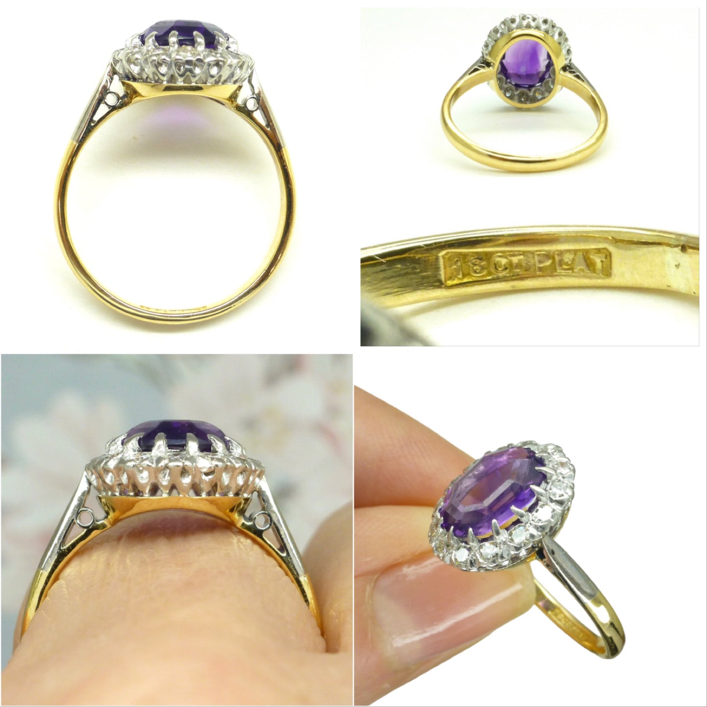 Vintage 18ct & Platinum oval Amethyst diamond cluster halo ring c1930's