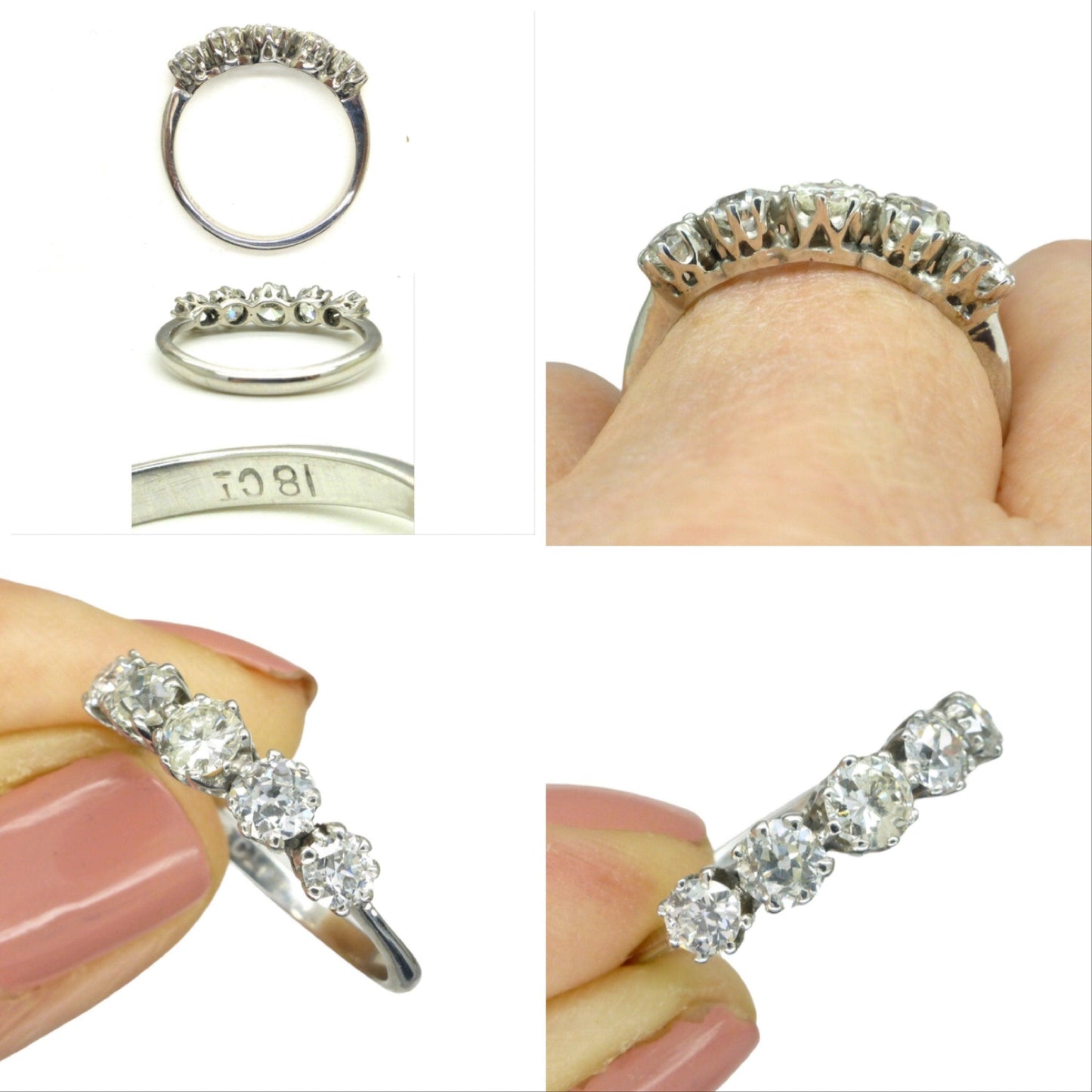 Antique 18ct white gold old cut diamond five stone ring c.1.00ct c1920's ~ with independent appraisal