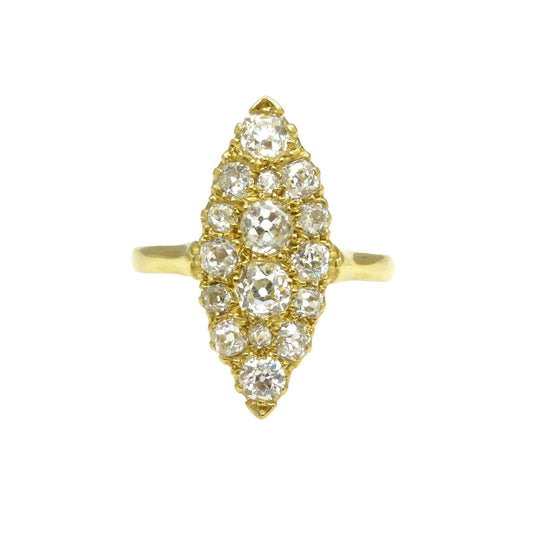 Antique 18ct gold old cut diamond marquise cluster ring c1900 ~ 1.42ct - with independent appraisal