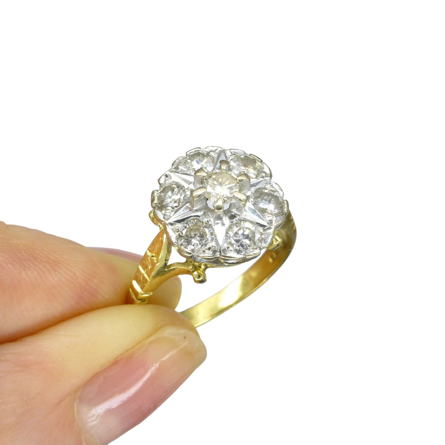 Vintage 18ct Diamond halo cluster ring ~ Unique engagement