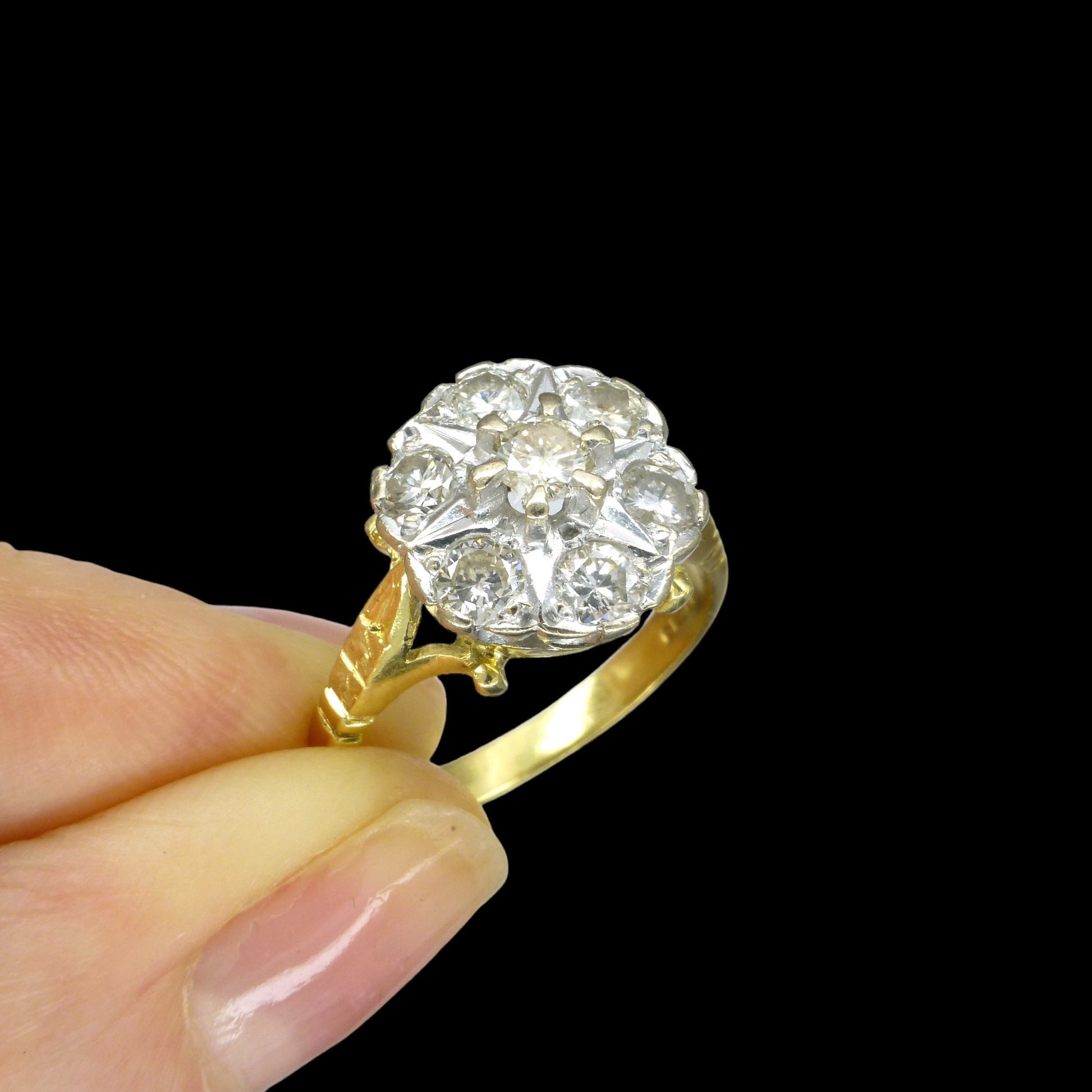Vintage 18ct Diamond halo cluster ring ~ Unique engagement