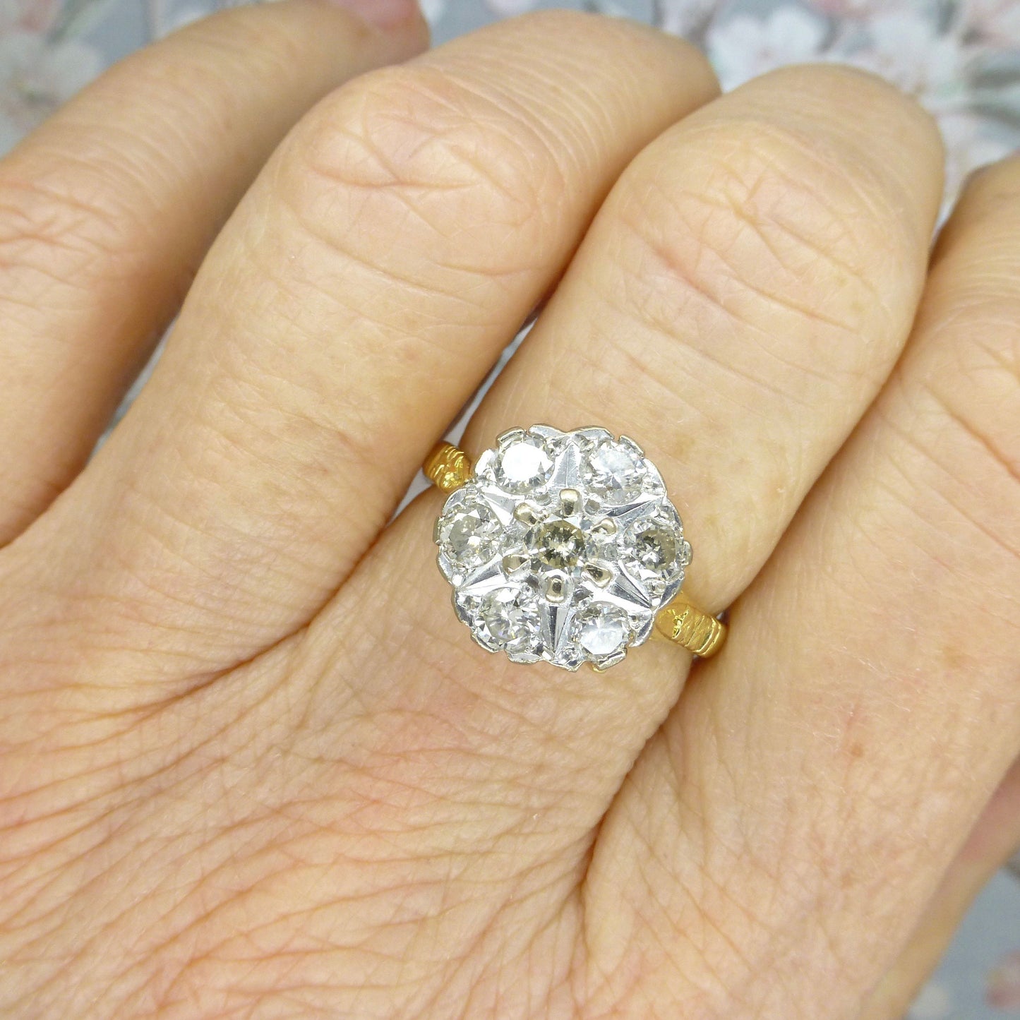 Vintage 18ct Diamond halo cluster ring ~ Unique engagement