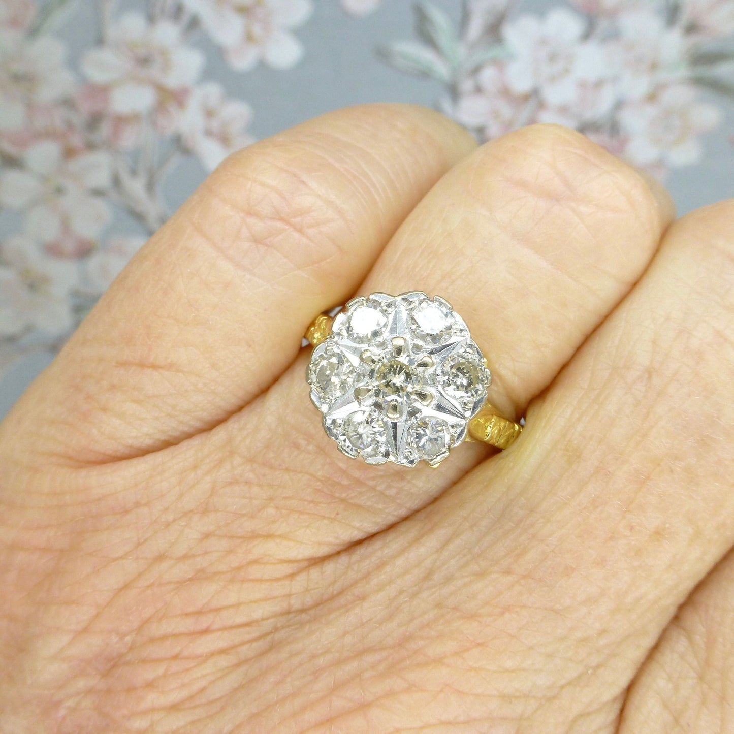 Vintage 18ct Diamond halo cluster ring ~ Unique engagement