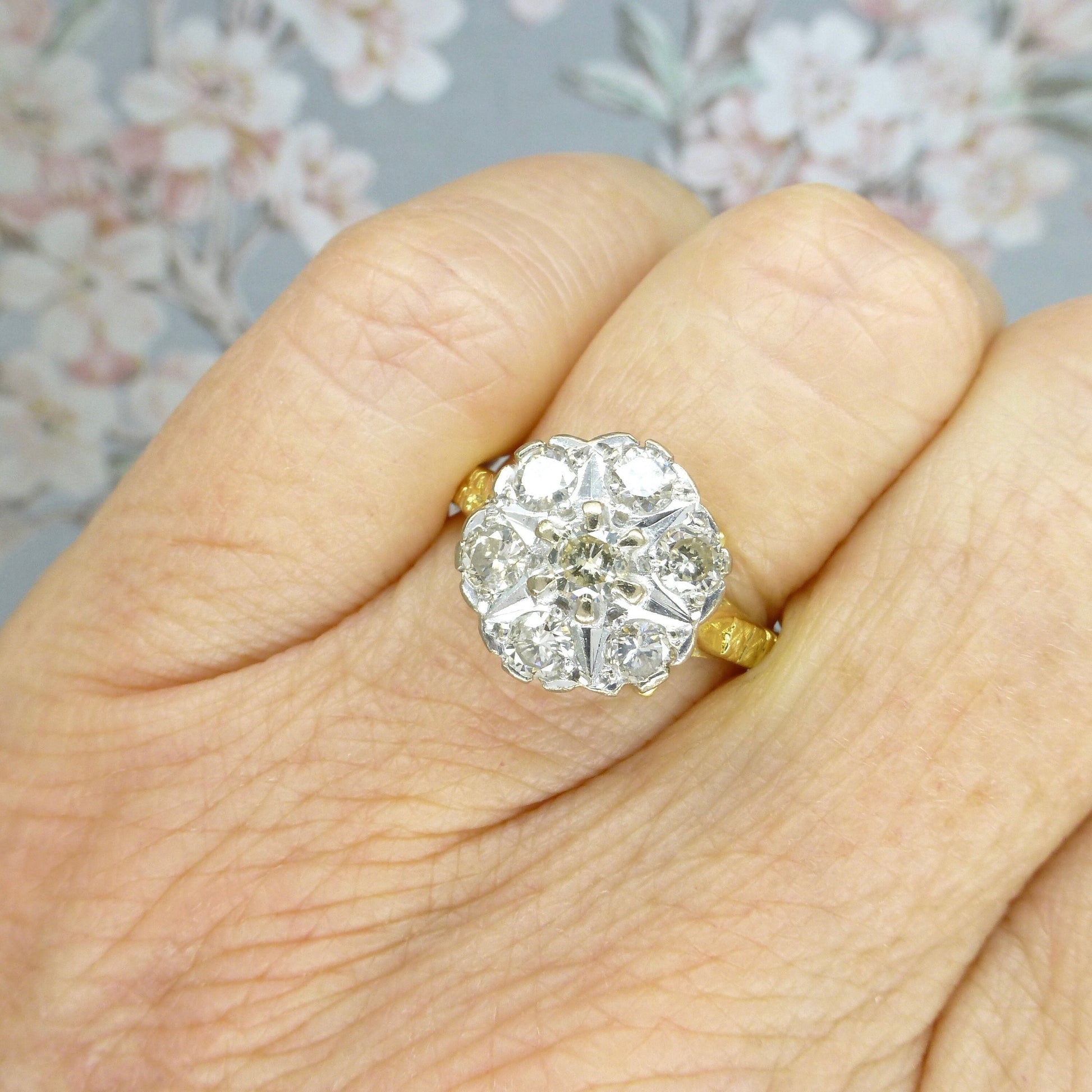 Vintage 18ct Diamond halo cluster ring ~ Unique engagement