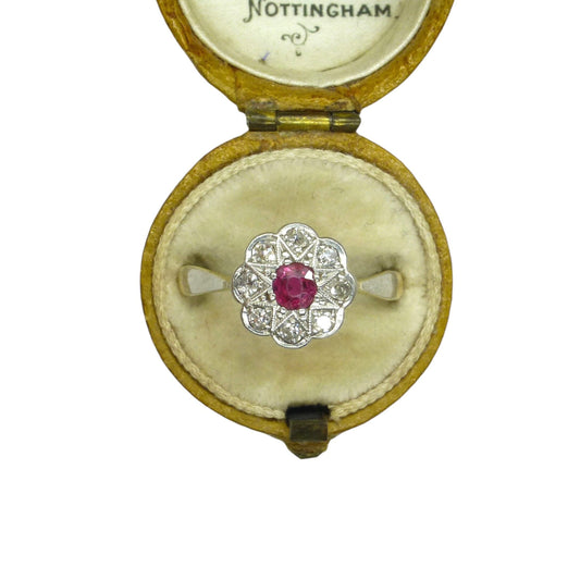 Antique Edwardian 18ct Platinum ruby diamond daisy cluster ring c1910-20's