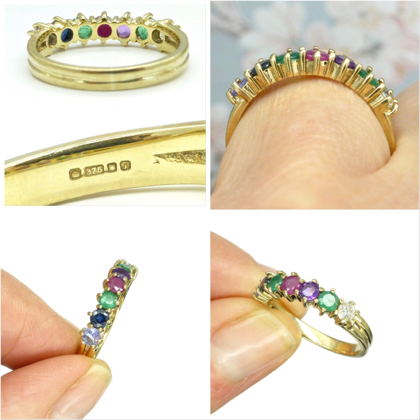 Vintage 9ct gold 'DEAREST' seven stone gemstone half eternity band ~ Anniversary ring